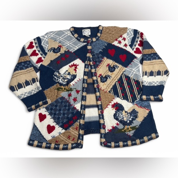 Stitches in Time Blue Red 1X 55%Ramie 45% Cotton Rooster Heart Grandma Cardigan - Picture 1 of 11